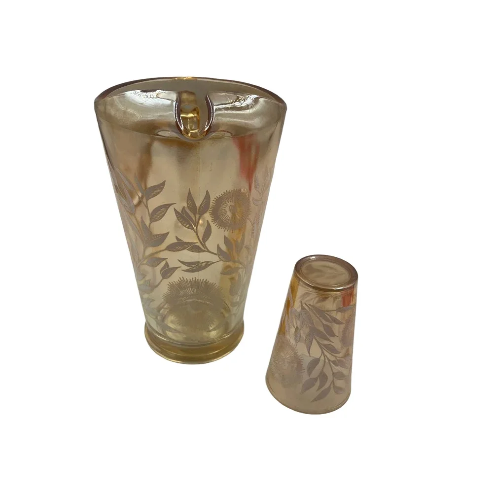 Vintage Pitcher‎ & Cup Glass Etched Floral Greenery Iridescent MidCentury Modern